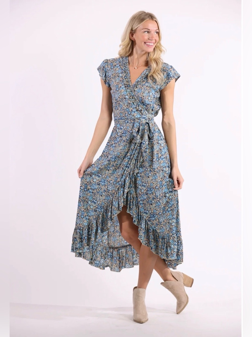 Floral Tie-Waist Maxi Dress in Teal and Tan